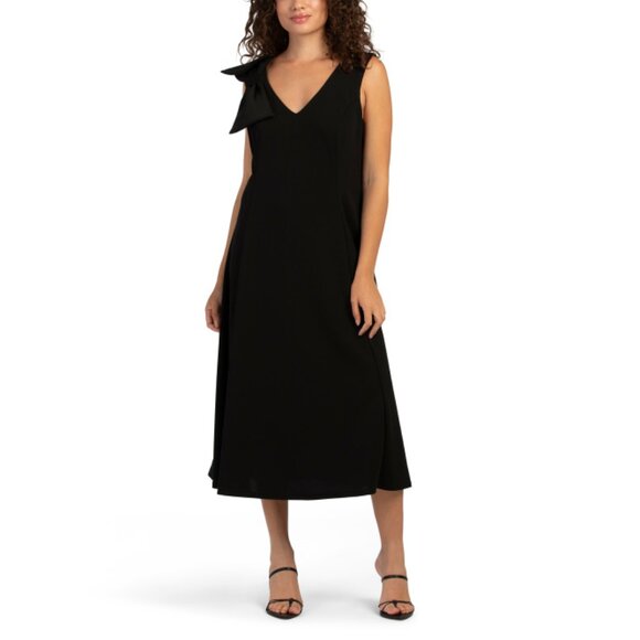 ISAAC MIZRAHI NEW YORK Black Scuba Crepe V-neck Bow Midi Dress - Picture 1 of 2